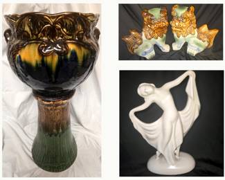 Vintage Weller Jardiniere on RPP Base, Foo Dogs and Cemar Dancer Sculpture 