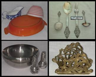 Flow Blue, Pyrex, Le Creuset, Norwegian Cutlery, MCM Bowl & Teleflora Brass Napkin Holder 