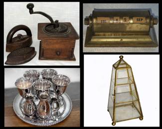 Antique Coffee Grinder and Irons, Mini Display Case Vintage Calendar