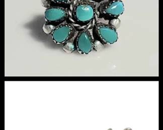 Zuni Sterling Ring Size 6 Turquoise Earrings