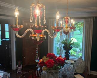 2 red chandeliers