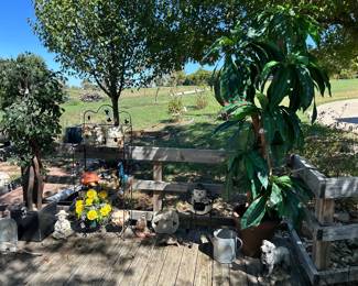 Faux trees, metal shelves, 