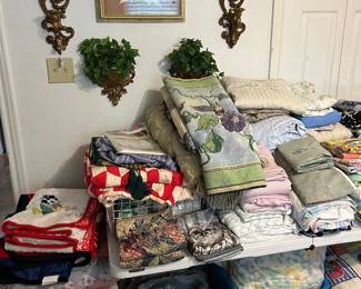 Bedding—some quilts, linens, pillows, 