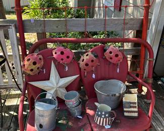 Complete full size wrought iron bed, metal glider seat—-could be used as a swing, 