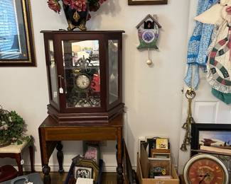 Tabletop curio, sewing machine cabinet, aprons,