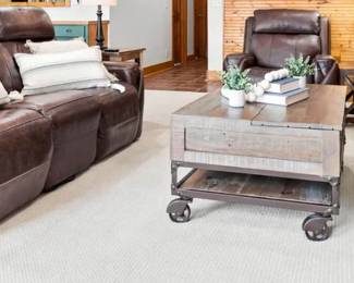 LEATHER SOFA - ELECTRIC RECLINING CHAIR - INDUSTRIAL COFFEE TABLE ON WHEELS - BARNWOOD LOOK ENTERTAINMENT CENTWR