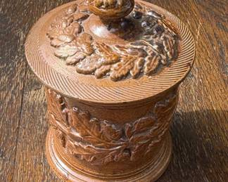 $95 Antique 1800.s Glazed Tobacco Jarwith High Relief Grape vines fruit clusters oak leaves 4" x 3.5" wide