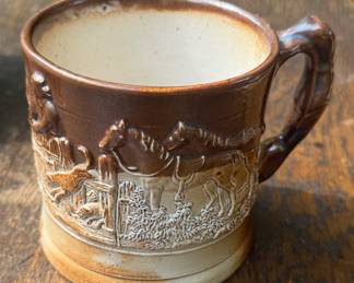 $55 Antique English Royal Doulton Lambeth Stoneware Hunting Cup 5" x 4" tall Mug