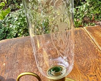 $75 Large Hurricane Lantern Brass & Etched Glass 14" tall x 6.5 " deep