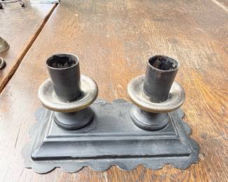 $40 7' Antique Double Candle Metal Candle Holder with a Scalloped edge Base Plate