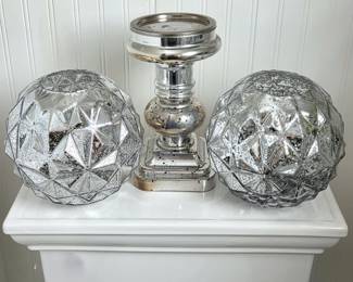 3-Piece Mercury Glass Decor Set – 2 Round Vases & Pillar Candle Holder
