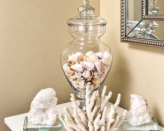 Costal Decorative 4pc Set: White Quartz Crystal Bookends, White Faux Coral Decor, Glass Jar w/ Seashells