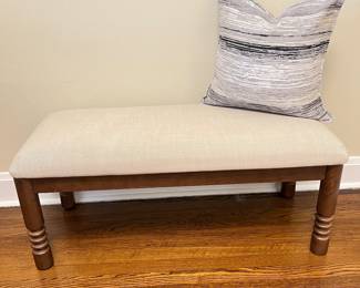 - Perfect 39" Upholstered Wood Bench in Neutral Beige Fabric and Turned Legs + Modern Throw Pillow
