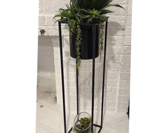 B Lot #78 - Tall Black Metal Plant Stand with Faux Succulents & Glass Terrarium – 38"