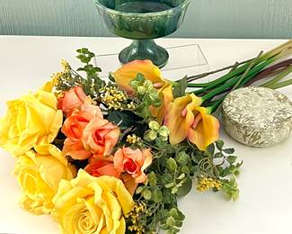 - Vintage McCoy Green Glazed Pottery Pedestal Bowl Fruit Floral Design- Vibrant Floral Bouquet, and Candle Tin
