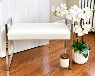 White Modern & Chrome Vanity Stool- White Vinyl Upholstered Seat, Orchid Plant and Glass Canister with Bath Salts