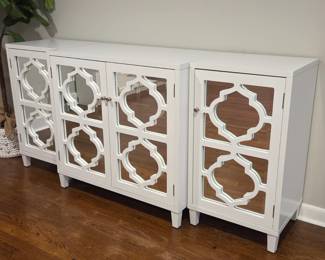 B Lot #41 - White Four-Door Mirrored Credenza with Quatrefoil Design – Three-Piece Modular Cabinet