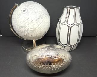 B Lot #88 - Set of 3 Decorative Accents – Silver & White Globe, Modern Vase & Cast Aluminum Football
