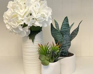 Floral White Hydrangea and Succulent Plant Set- Three Ceramic Pots with Modern Home faux Decor