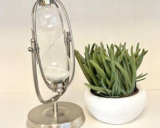 Home Decor Set- Stainless Steel Rotating Hourglass Sand Timer & Modern Faux Potted Plant