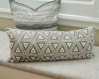 LR Lot #16 - Decorative Silver Sequin Beaded Hand- Embroidered Long Lumbar Pillow 28x11 and Modern Striped 18" x 18"