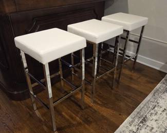 B Lot #90 - Set of 3 Modern White Upholstered & Chrome Bar Stools – 30" Seat Height