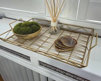 - Gold-Tone Metal Serving Tray with Agate Coasters, Moss Bowl & Reed Diffuser