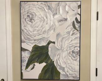Large Hand-Embellished Gallery-Wrapped Canvas Print- Wall Art w/ Peonies & Dark Leaves in Floating Frame -31x41
