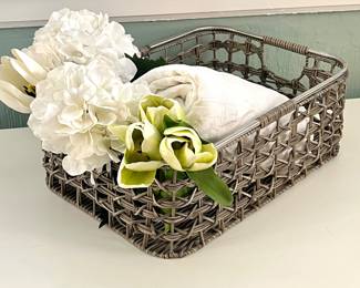 Woven Basket in Gray Synthetic Weave, Threshold White Cotton Tablecloth, Artificial Flowers