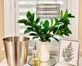 Bath & Decor Set - White Vase + Greenery, Wastebasket & Tissue Holder, Hanging Caddy, Framed Print, Mirror - 6pc