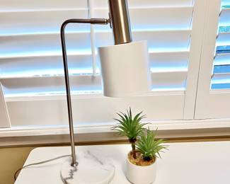 Modern Desk Lamp White Glass Shade Marble Base Adjustable Metal Arm 20 Inch + Faux Potted Plant