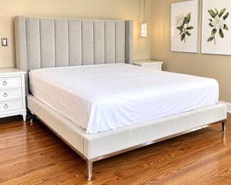 Restoration Hardware RH Elegant King Sz Upholstered Platform Bed w/ Channel Headboard & Chrome Trim- Bed Only