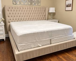 BR1 Lot #103 - King Sz Upholstered Wingback Bed Frame w/ Dramatic Diamond-Tufted Tall Headboard - Mattress not included