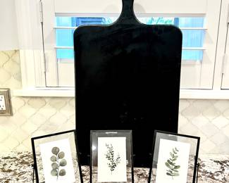 Crate & Barrel Large Black Wood Cutting Board + Metal Picture Frames With Botanical Prints