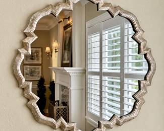 LR Lot #4 -Decorative Round Scalloped Wall Mirror Carved Wooden Frame Metallic Finish- 34 Inch