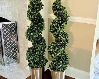 LR Lot #35 - Artificial Spiral Topiary Plants Boxwood Greenery with Metal Planters - 48” tall