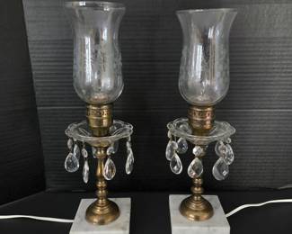 Pair of Vintage Brass Hurricane Lamps with Etched Glass Shades, Prisms & Marble Bases