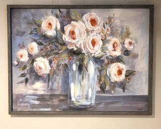 B Lot #51 - Large Framed Floral Canvas Print – White & Blush Roses – 41" x 31"