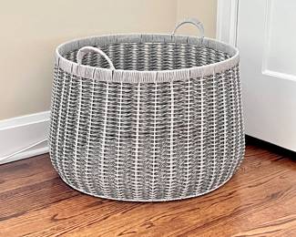 Large Two-tone Woven Resin Storage Basket with Loop Side Handles- Round, Gray 22 Inch diameter