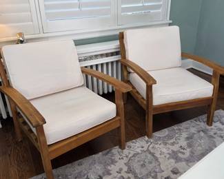 SR Lot #7 - Pair of Solid Teak Wood Outdoor Patio Lounge Chairs with White Cushions