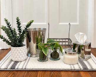 Modern Bathroom Accessories- Soft Bath Mat, Silver Waste Basket & Tissue Box, Large Candle, Faux Greenery, Caddy