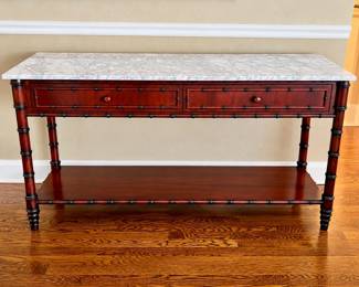 LR Lot #19 - Williams Sonoma Home Hampstead Console Table- Mahogany w/ White Italian Carrara Marble Top - 55.5” Long