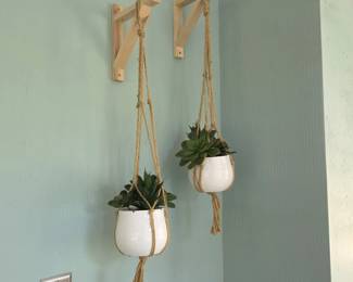 SR Lot #11 - Set of 2 Hanging Ceramic Planters with Macramé Rope Hangers, Faux Succulents & Wood Wall Brackets
