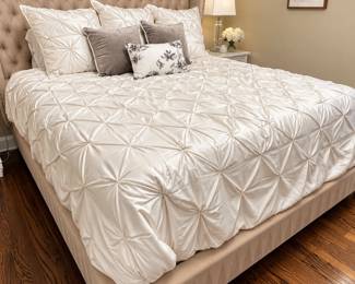 BR1 Lot #102 - Z Gallerie White Pleated King Size Bedding Set- Velvet Duvet w/ Insert, & Down Fill Shams + Sheet Set