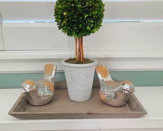 SR Lot #12 - Decorative Wood Tray with Faux Boxwood Topiary & Pair of Silver-Tone Ceramic Birds – 4 Pieces