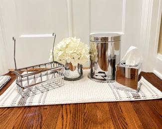 - Bathroom Accessory Set - Mercury Glass Vase w/ Flowers, Stainless Steel Wastebasket, Tissue Holder, Caddy, Mat