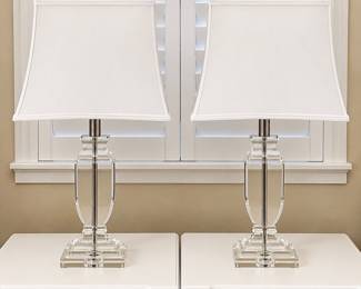 BR1 Lot #101 - Set of 2 Clear Crystal Glass Table Lamps- White Modern Fabric Shades- 27" Tall- Lighting