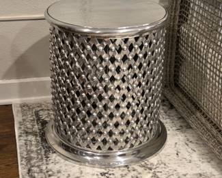 B Lot #53 - Hammered Aluminum Round Barrel End Table – Silver Lattice Design – 21" Tall