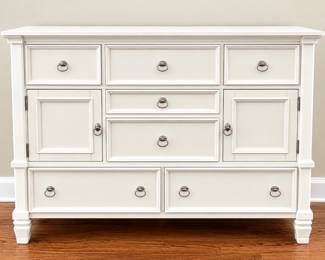 Large Modern White Wood Dresser Chest- 7 Drawer & 2 Cubbies -Great Storage- 62" long x 19"d x 44" tall
