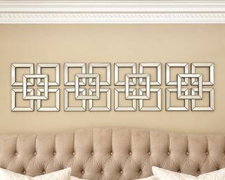 Contemporary Mirrored Wall Art - Set of 4 Geometric Framed Mirrors- Modern Decorative Panel Set 13” Squares